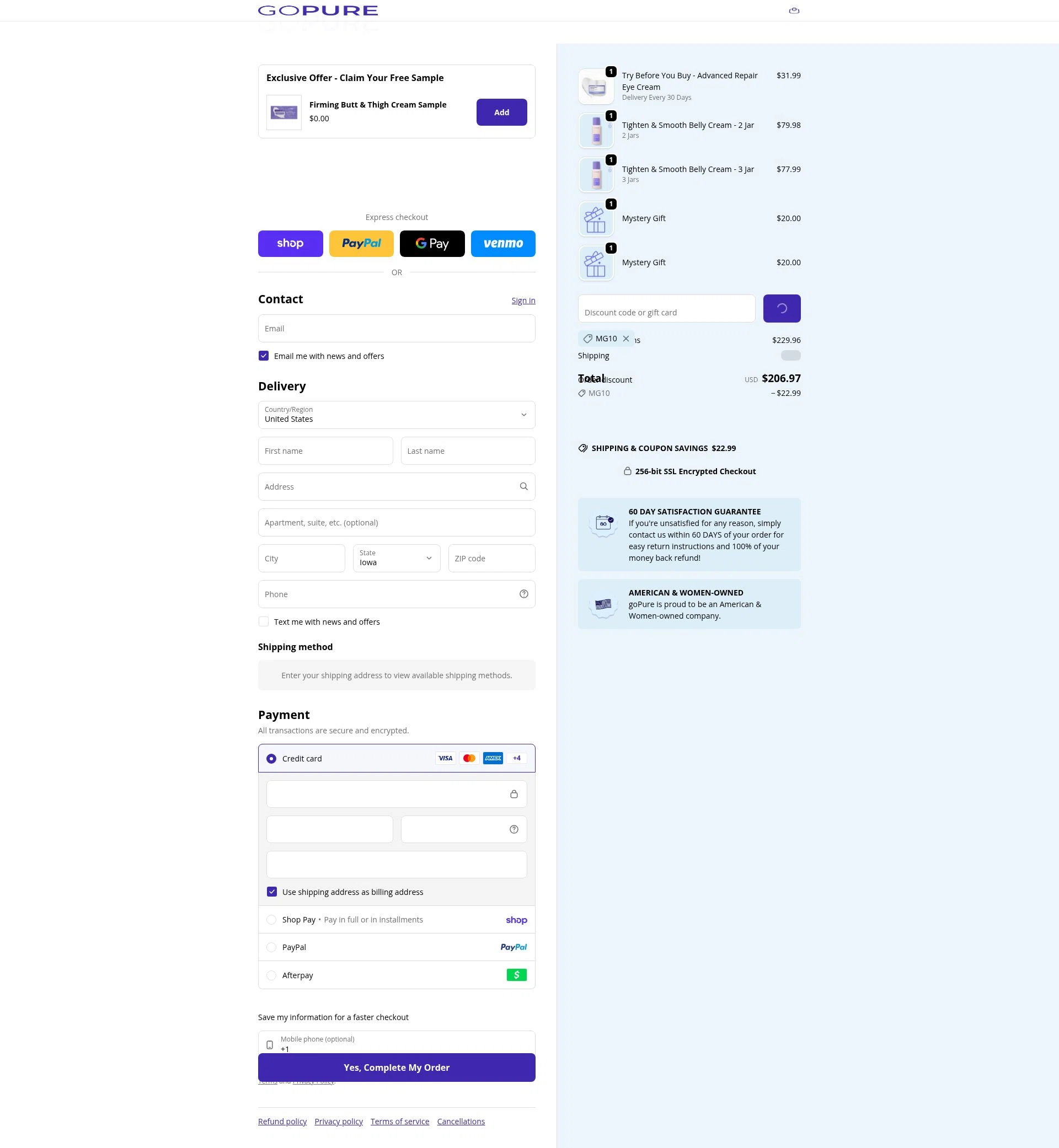 goPure Beauty checkout page showing goPure Beauty discount code box | Screenshot taken by SimplyCodes community member on Feb 6, 2026
