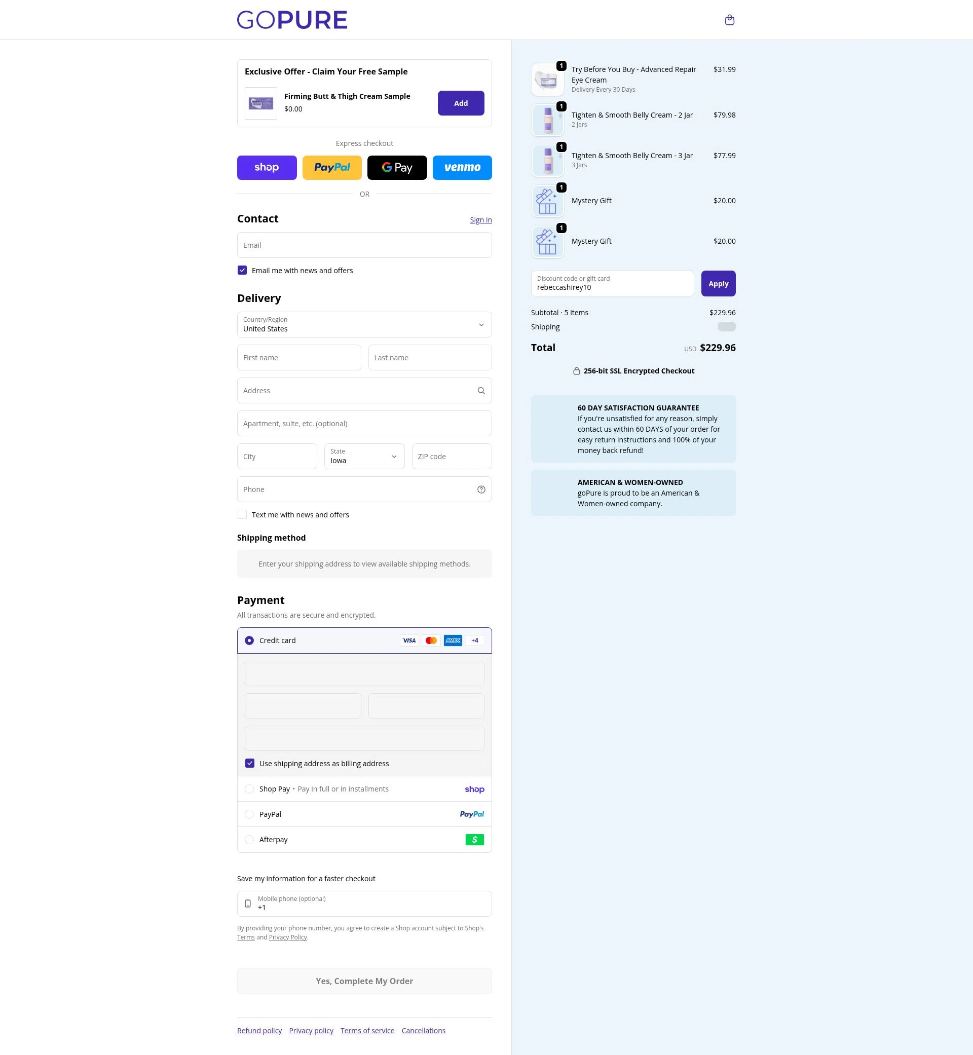 goPure Beauty checkout page showing goPure Beauty discount code box | Screenshot taken by SimplyCodes community member on Feb 6, 2026