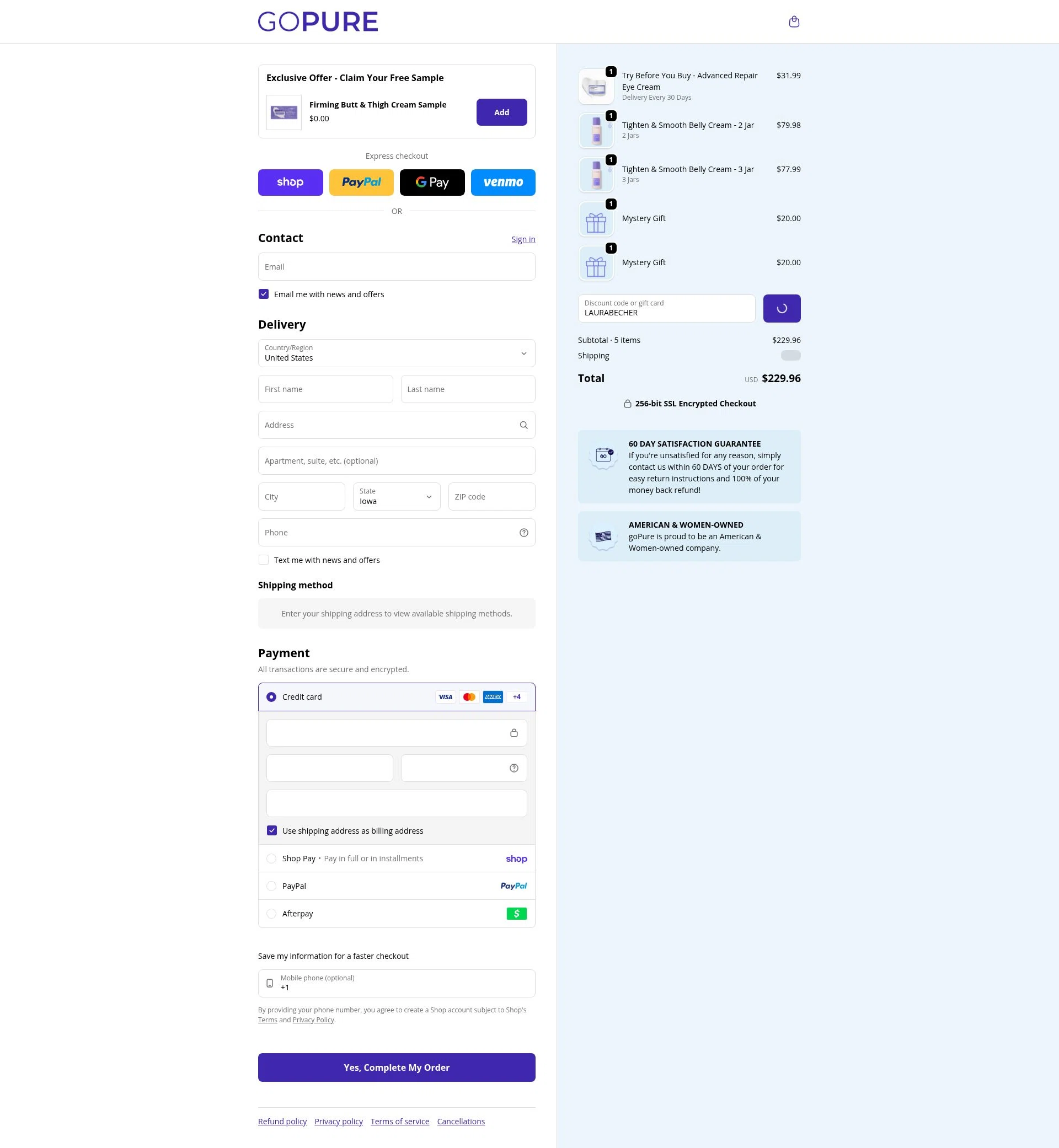 goPure Beauty checkout page showing goPure Beauty discount code box | Screenshot taken by SimplyCodes community member on Feb 6, 2026