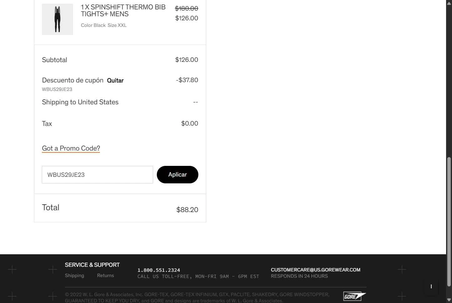 Gore Wear checkout page showing Gore Wear promo code box | Screenshot taken by SimplyCodes community member on Feb 9, 2026