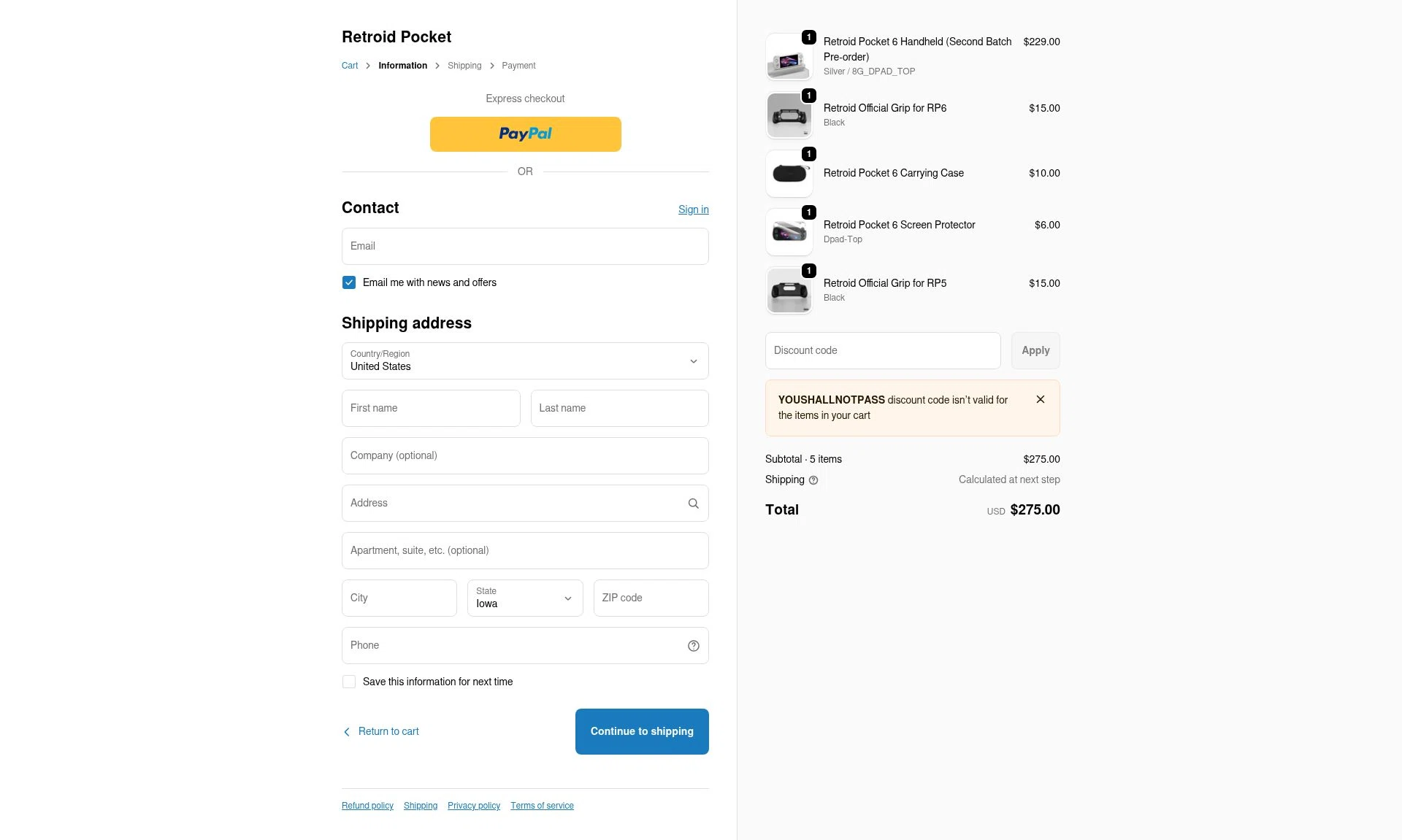 Retroid Pocket checkout page showing Retroid Pocket discount code box | Screenshot taken by SimplyCodes community member on Feb 11, 2026