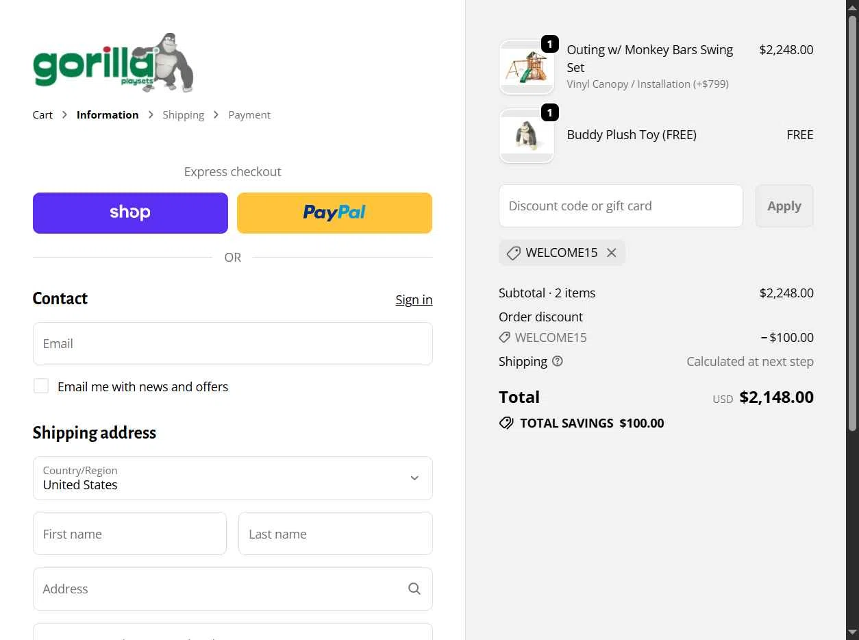 Gorilla Playsets checkout page showing Gorilla Playsets coupon code box | Screenshot taken by SimplyCodes community member on Jan 30, 2026