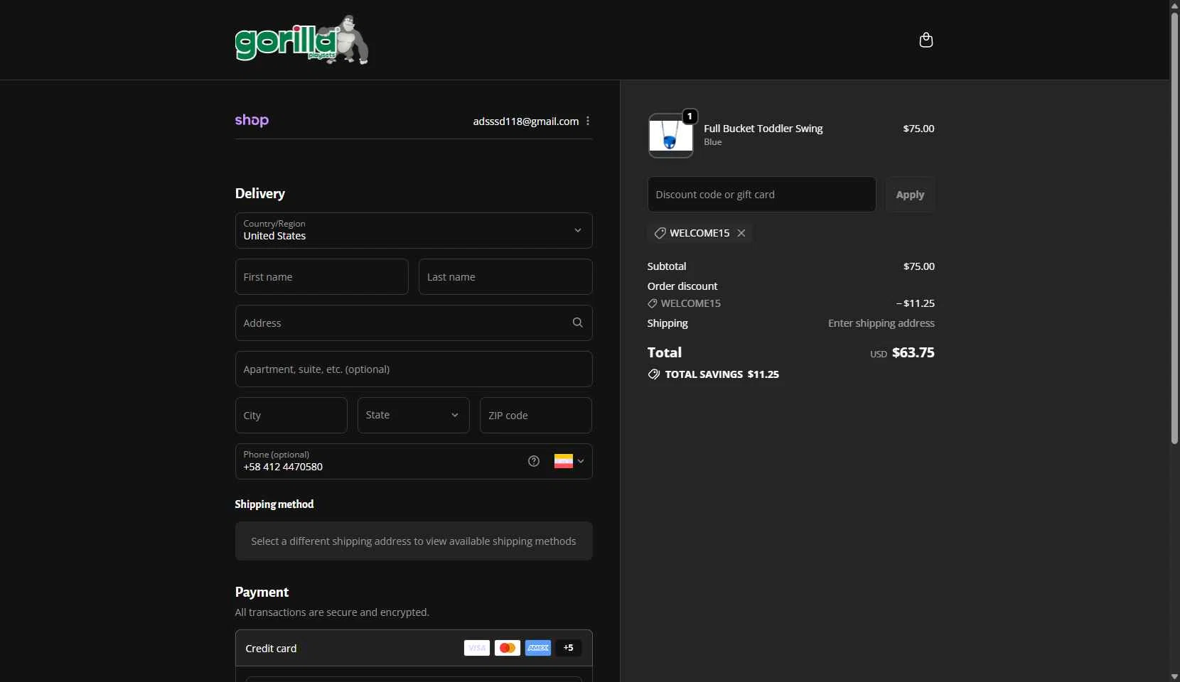 Gorilla Playsets checkout page showing Gorilla Playsets coupon code box | Screenshot taken by SimplyCodes community member on Oct 26, 2025
