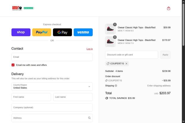 Gorilla Wear checkout page showing Gorilla Wear coupon code box | Screenshot taken by SimplyCodes community member on Sep 2, 2025