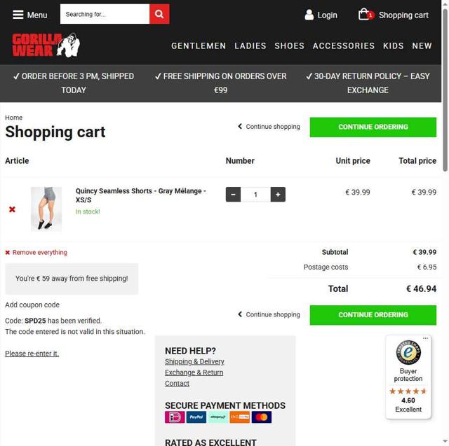 Gorilla Wear checkout page showing Gorilla Wear coupon code box | Screenshot taken by SimplyCodes community member on Jul 28, 2025
