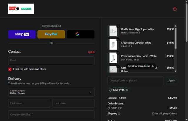Gorilla Wear checkout page showing Gorilla Wear coupon code box | Screenshot taken by SimplyCodes community member on Aug 23, 2025