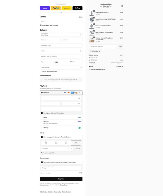 Riverside Designs checkout page showing Riverside Designs discount code box | Screenshot taken by SimplyCodes community member on Sep 7, 2025