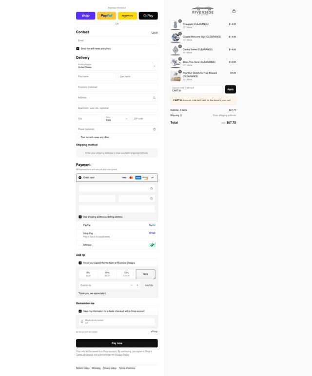 Riverside Designs checkout page showing Riverside Designs discount code box | Screenshot taken by SimplyCodes community member on Sep 7, 2025