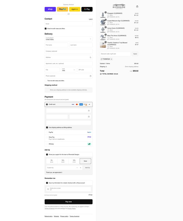Riverside Designs checkout page showing Riverside Designs discount code box | Screenshot taken by SimplyCodes community member on Sep 7, 2025