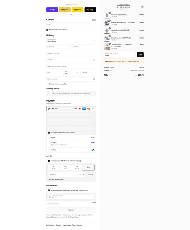 Riverside Designs checkout page showing Riverside Designs discount code box | Screenshot taken by SimplyCodes community member on Sep 7, 2025