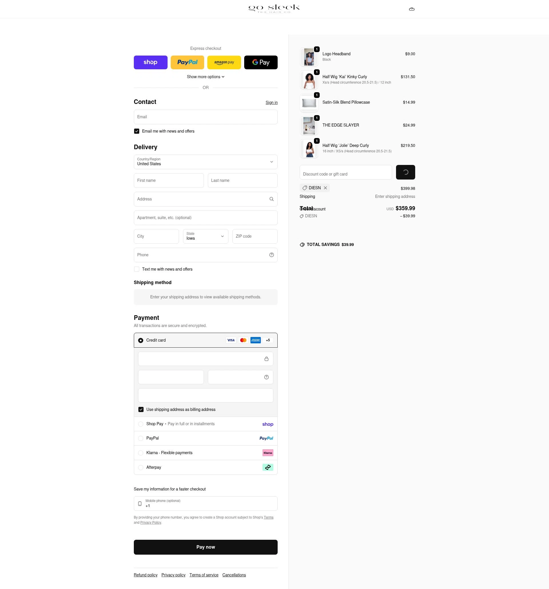Go Sleek Hair checkout page showing Go Sleek Hair coupon code box | Screenshot taken by SimplyCodes community member on Feb 17, 2026