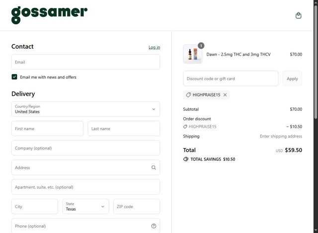 Gossamer checkout page showing Gossamer discount code box | Screenshot taken by SimplyCodes community member on Aug 30, 2025
