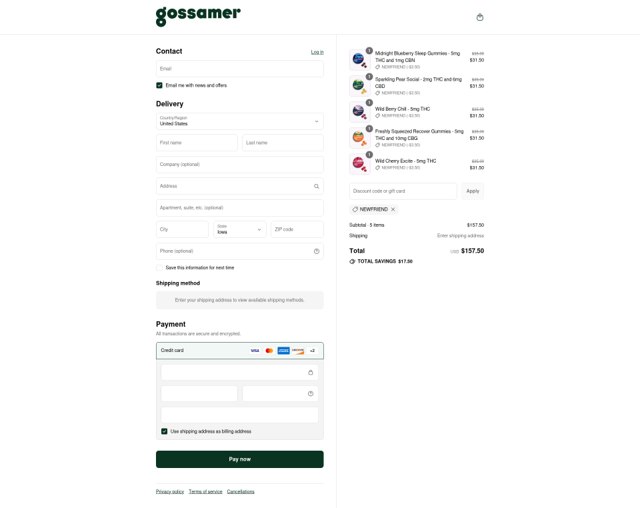 Gossamer checkout page showing Gossamer discount code box | Screenshot taken by SimplyCodes community member on Aug 3, 2025
