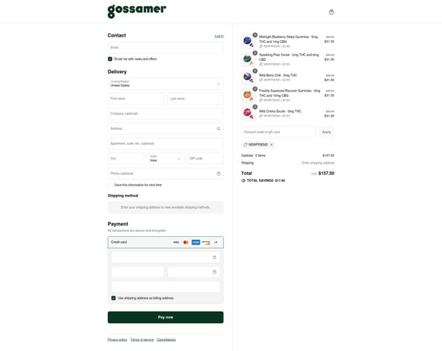 Gossamer checkout page showing Gossamer discount code box | Screenshot taken by SimplyCodes community member on Sep 4, 2025
