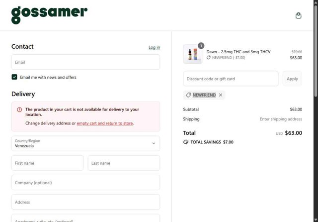 Gossamer checkout page showing Gossamer discount code box | Screenshot taken by SimplyCodes community member on Jul 29, 2025