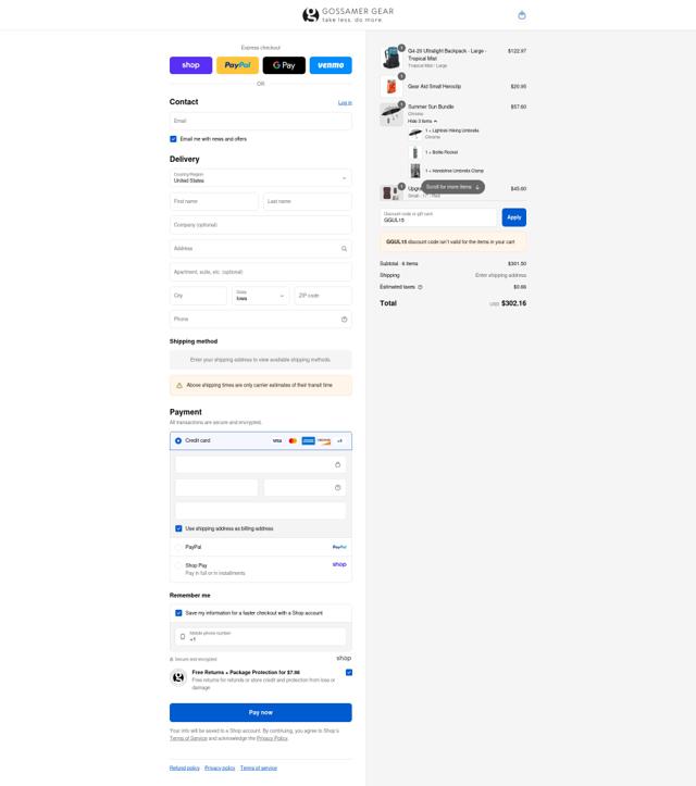 Gossamer Gear checkout page showing Gossamer Gear coupon code box | Screenshot taken by SimplyCodes community member on Aug 30, 2025