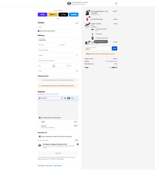 Gossamer Gear checkout page showing Gossamer Gear coupon code box | Screenshot taken by SimplyCodes community member on Sep 3, 2025