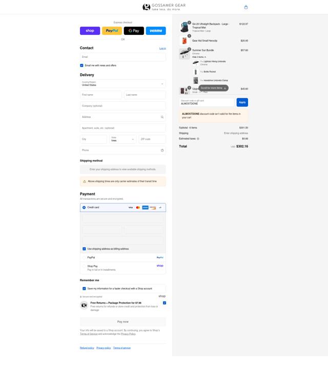 Gossamer Gear checkout page showing Gossamer Gear coupon code box | Screenshot taken by SimplyCodes community member on Aug 30, 2025