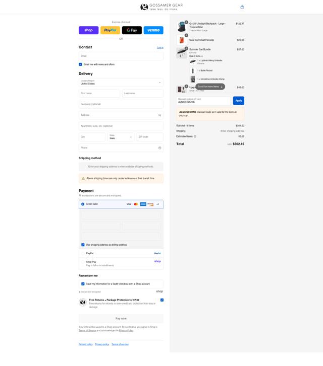 Gossamer Gear checkout page showing Gossamer Gear coupon code box | Screenshot taken by SimplyCodes community member on Sep 8, 2025