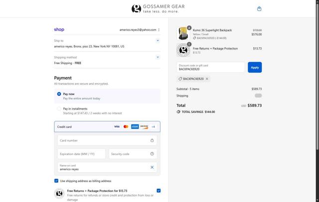 Gossamer Gear checkout page showing Gossamer Gear coupon code box | Screenshot taken by SimplyCodes community member on Sep 3, 2025