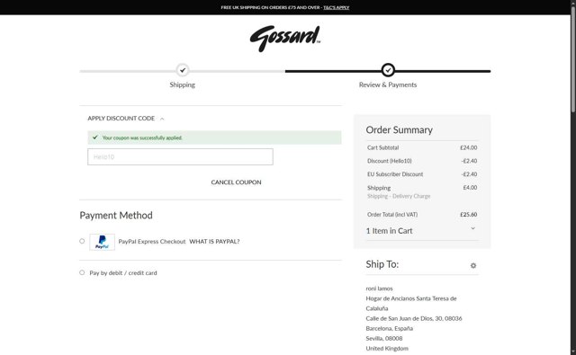 Gossard checkout page showing Gossard discount code box | Screenshot taken by SimplyCodes community member on Sep 2, 2025