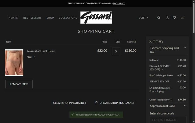 Gossard checkout page showing Gossard discount code box | Screenshot taken by SimplyCodes community member on Jul 1, 2025