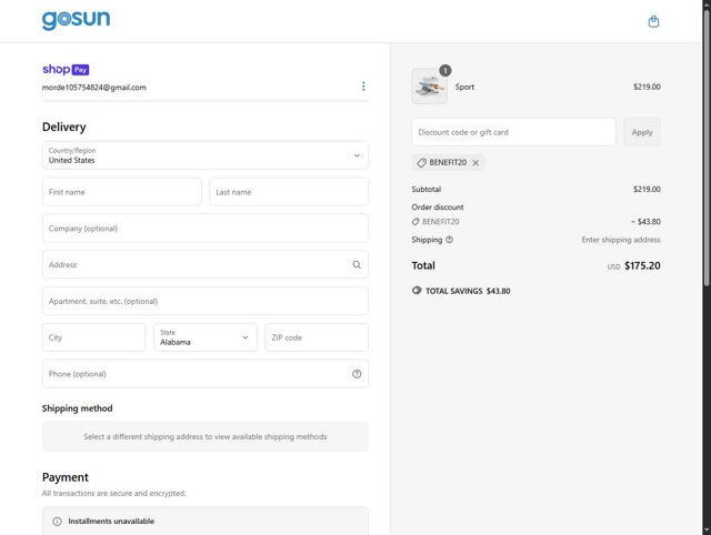 GoSun checkout page showing GoSun discount code box | Screenshot taken by SimplyCodes community member on May 19, 2025