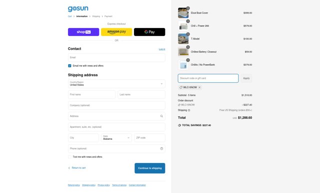 GoSun checkout page showing GoSun discount code box | Screenshot taken by SimplyCodes community member on May 11, 2025