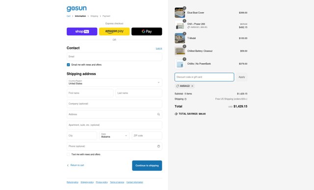 GoSun checkout page showing GoSun discount code box | Screenshot taken by SimplyCodes community member on May 11, 2025