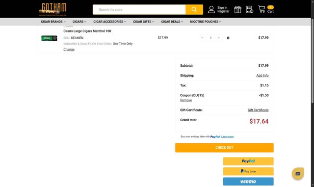 Gotham Cigars checkout page showing Gotham Cigars coupon code box | Screenshot taken by SimplyCodes community member on Jun 16, 2025