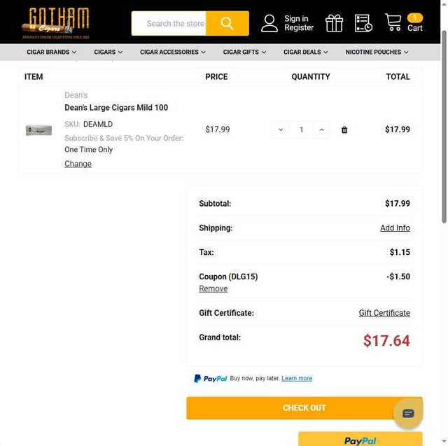 Gotham Cigars checkout page showing Gotham Cigars coupon code box | Screenshot taken by SimplyCodes community member on Jul 6, 2025