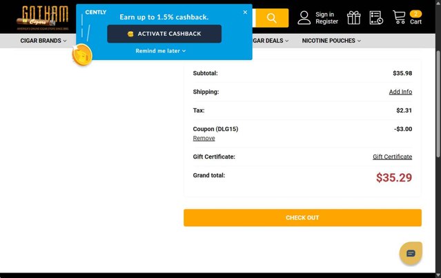 Gotham Cigars checkout page showing Gotham Cigars coupon code box | Screenshot taken by SimplyCodes community member on Aug 7, 2025