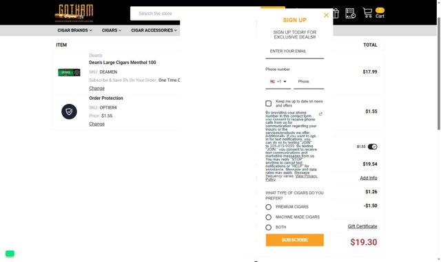 Gotham Cigars checkout page showing Gotham Cigars coupon code box | Screenshot taken by SimplyCodes community member on Sep 1, 2025