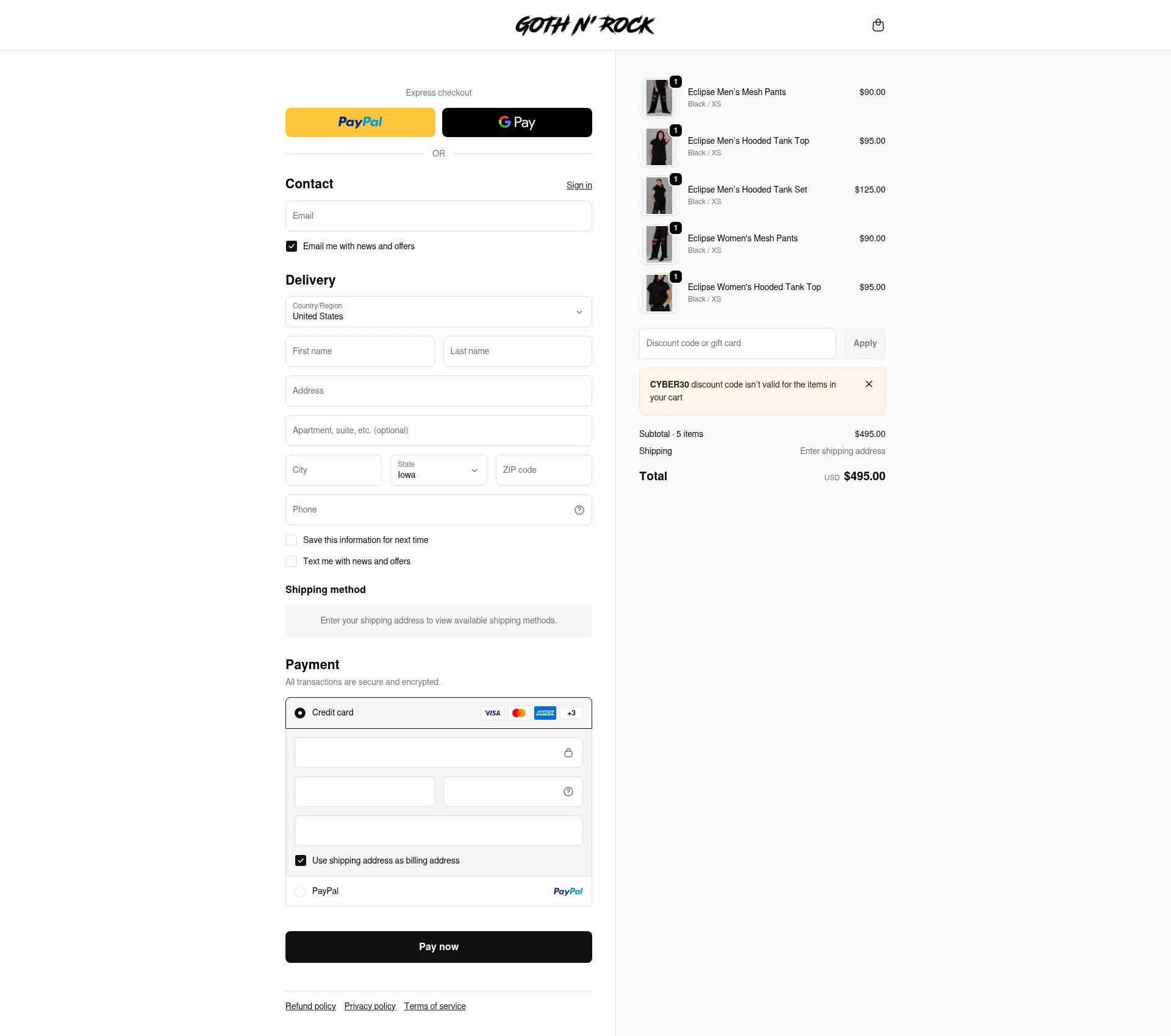 Goth N' Rock checkout page showing Goth N' Rock discount code box | Screenshot taken by SimplyCodes community member on Feb 14, 2026