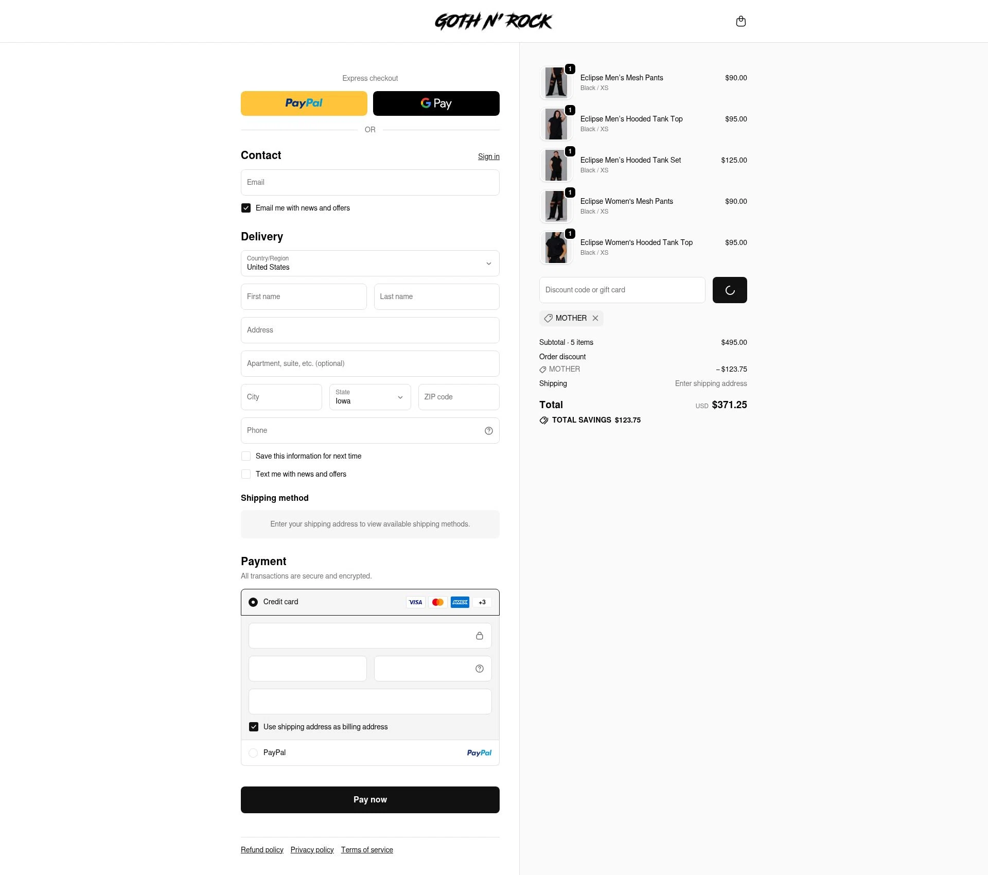 Goth N' Rock checkout page showing Goth N' Rock discount code box | Screenshot taken by SimplyCodes community member on Feb 14, 2026