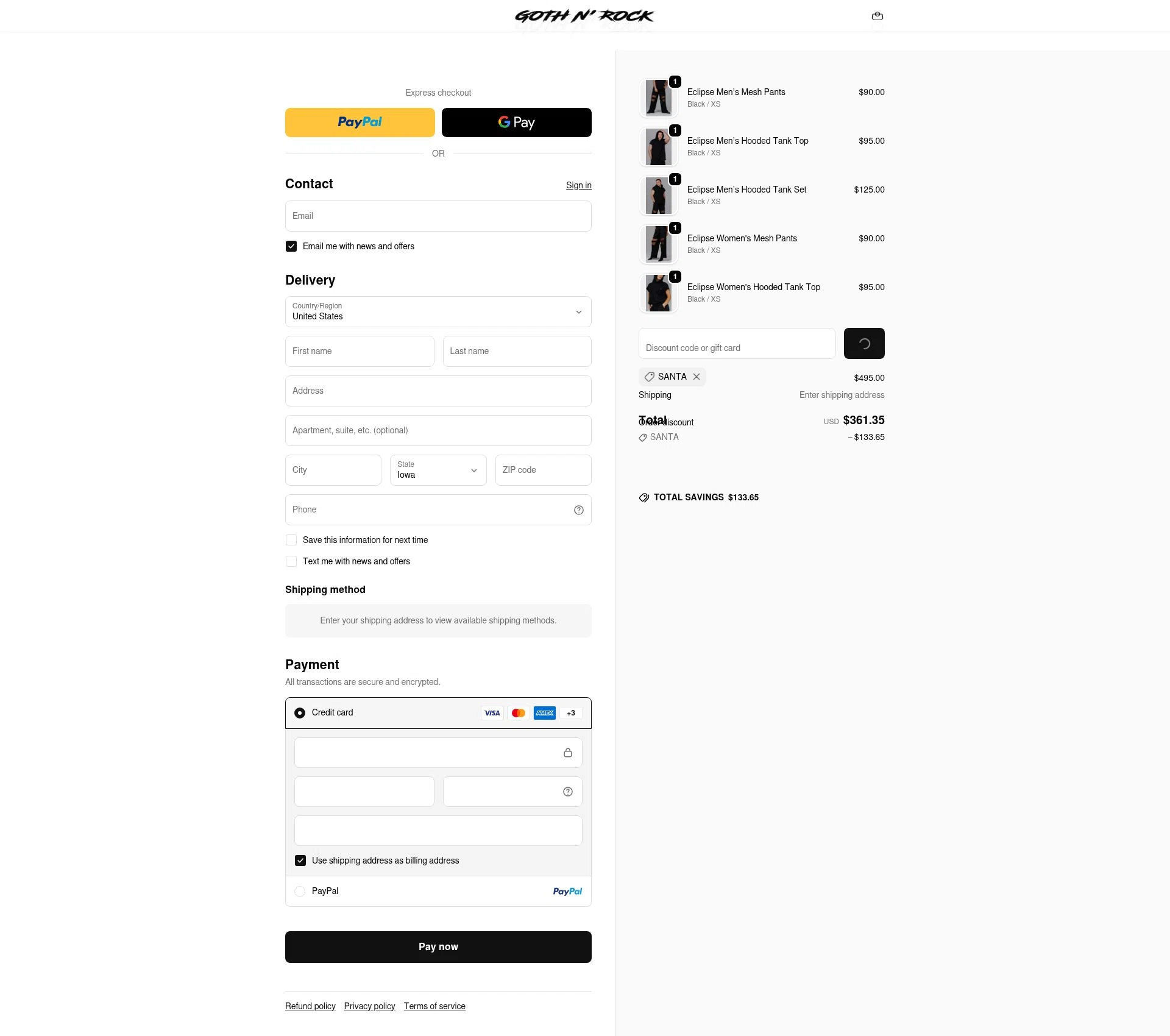 Goth N' Rock checkout page showing Goth N' Rock discount code box | Screenshot taken by SimplyCodes community member on Feb 14, 2026