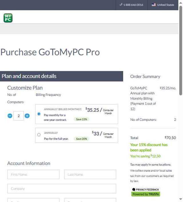 GoToMyPC checkout page showing GoToMyPC promo code box | Screenshot taken by SimplyCodes community member on Sep 14, 2025