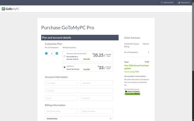 GoToMyPC checkout page showing GoToMyPC promo code box | Screenshot taken by SimplyCodes community member on Aug 18, 2025