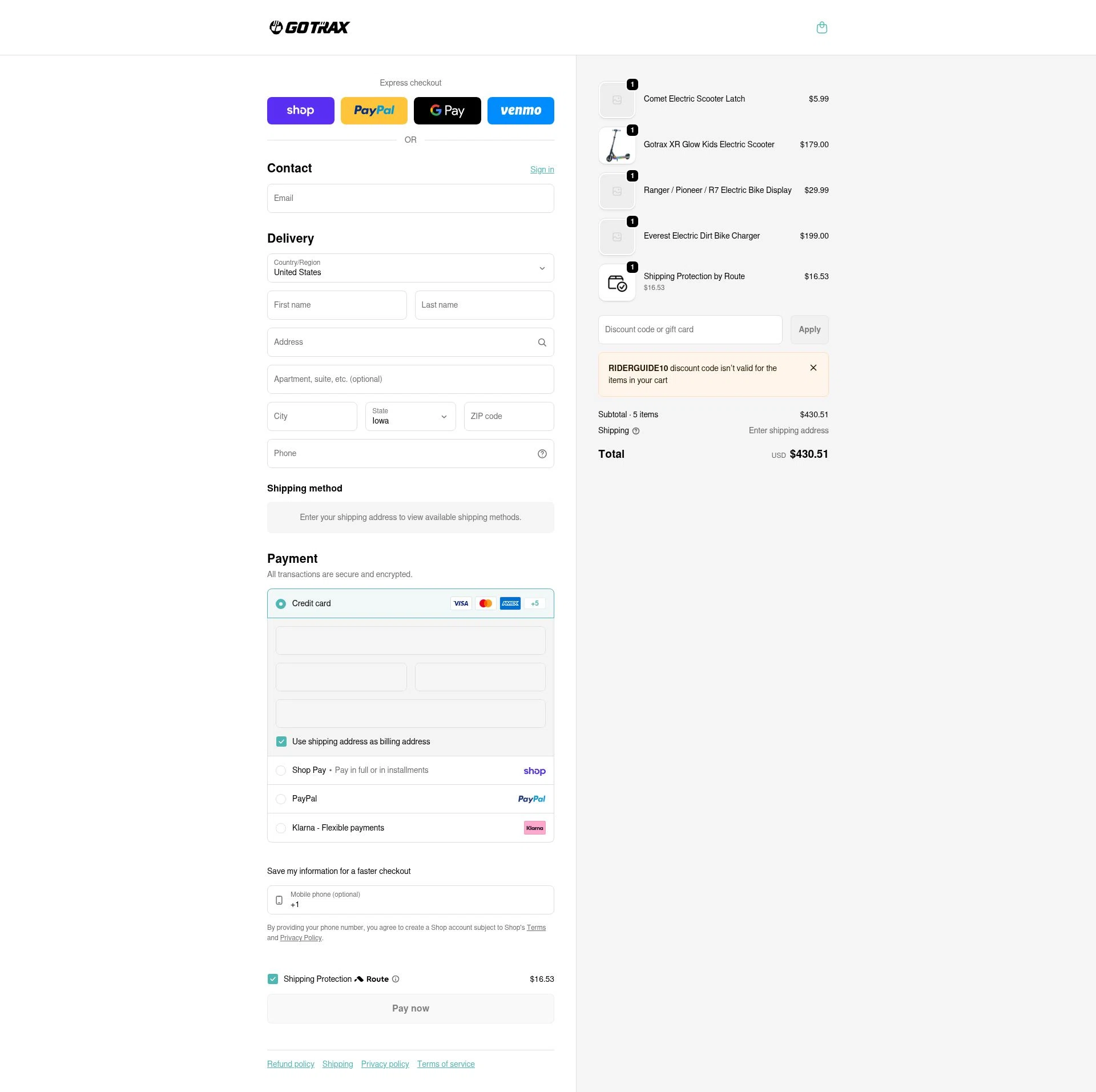 GOTRAX checkout page showing GOTRAX discount code box | Screenshot taken by SimplyCodes community member on Feb 8, 2026