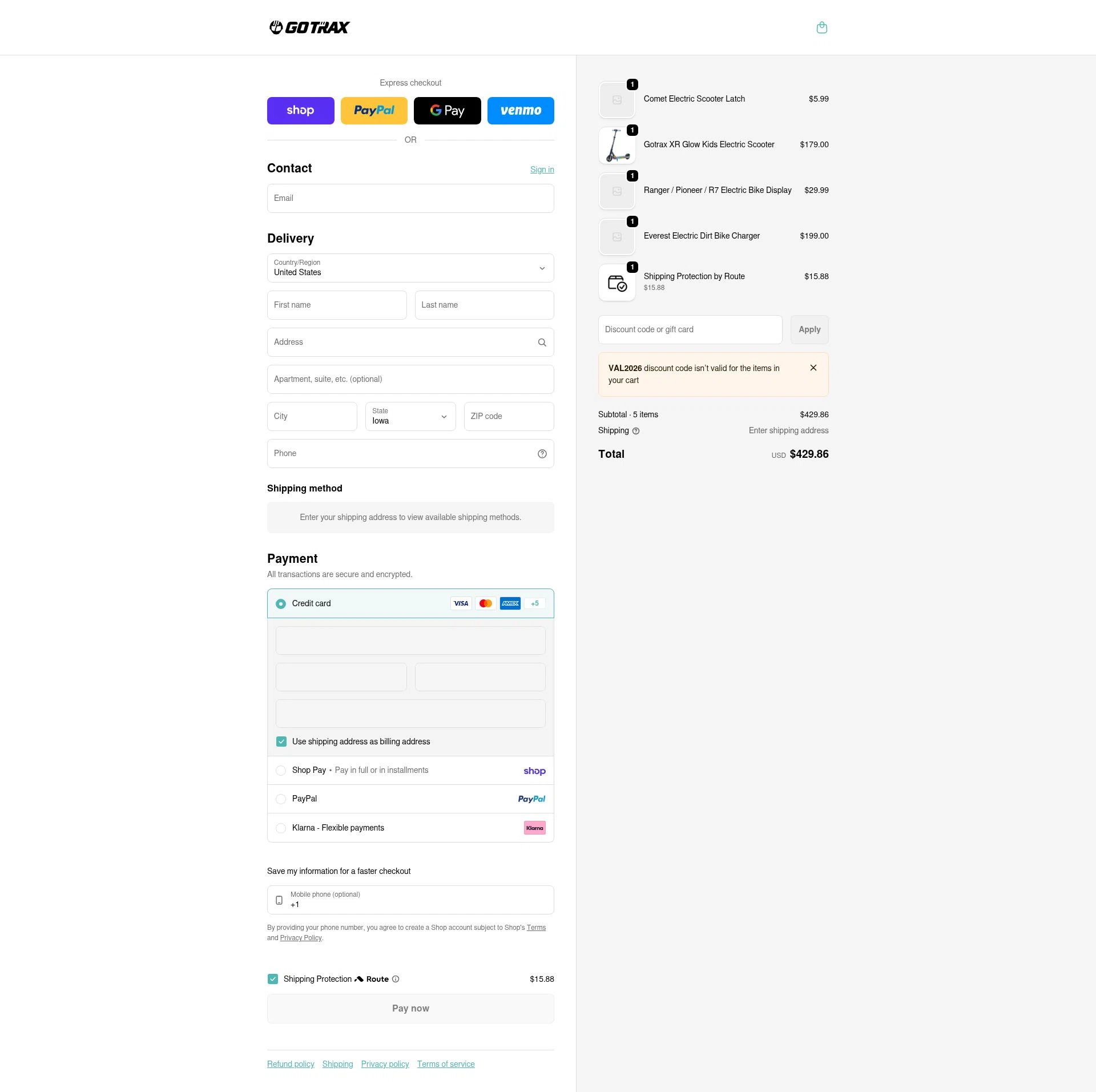 GOTRAX checkout page showing GOTRAX discount code box | Screenshot taken by SimplyCodes community member on Feb 8, 2026