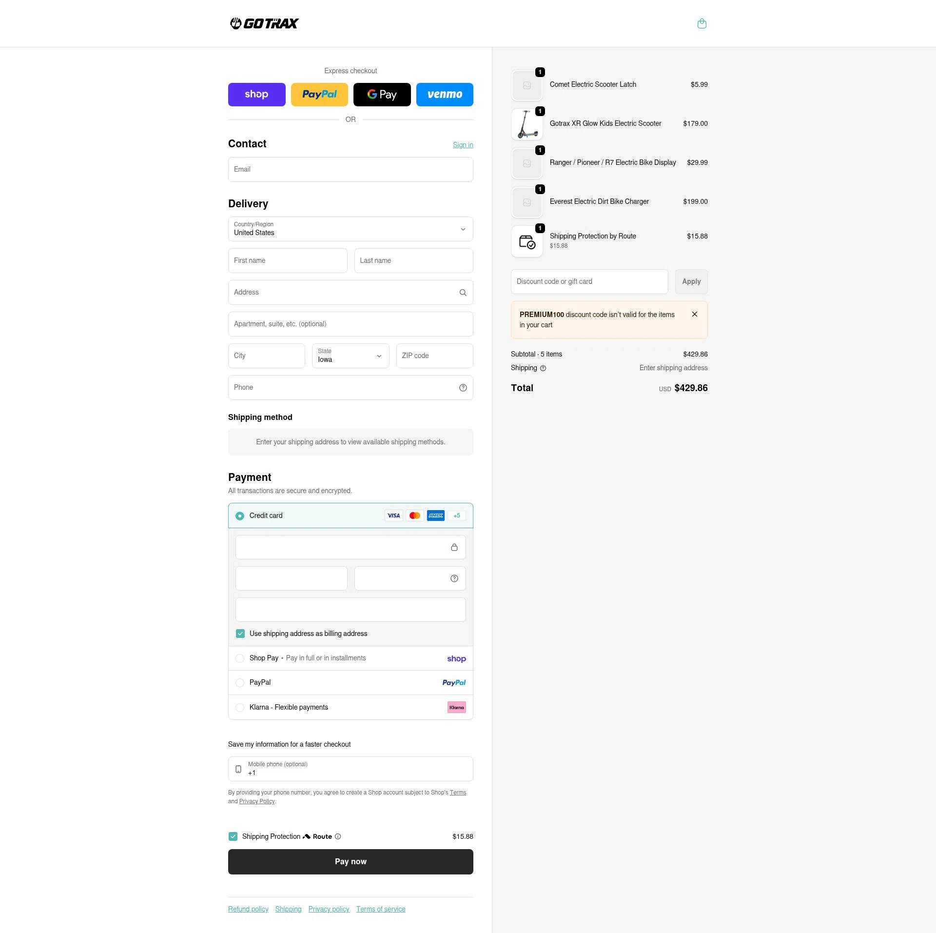 GOTRAX checkout page showing GOTRAX discount code box | Screenshot taken by SimplyCodes community member on Feb 8, 2026