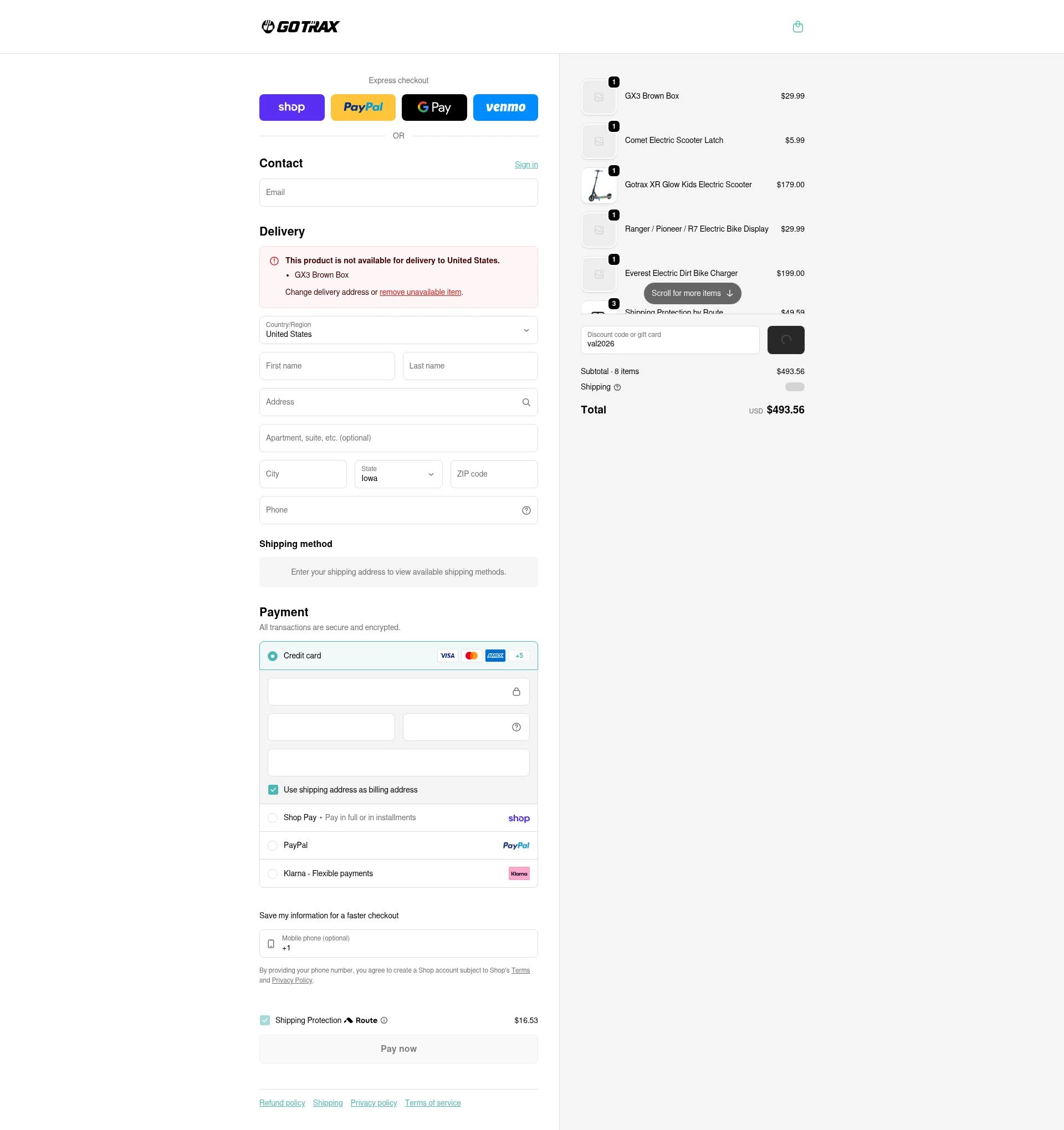 GOTRAX checkout page showing GOTRAX discount code box | Screenshot taken by SimplyCodes community member on Feb 4, 2026