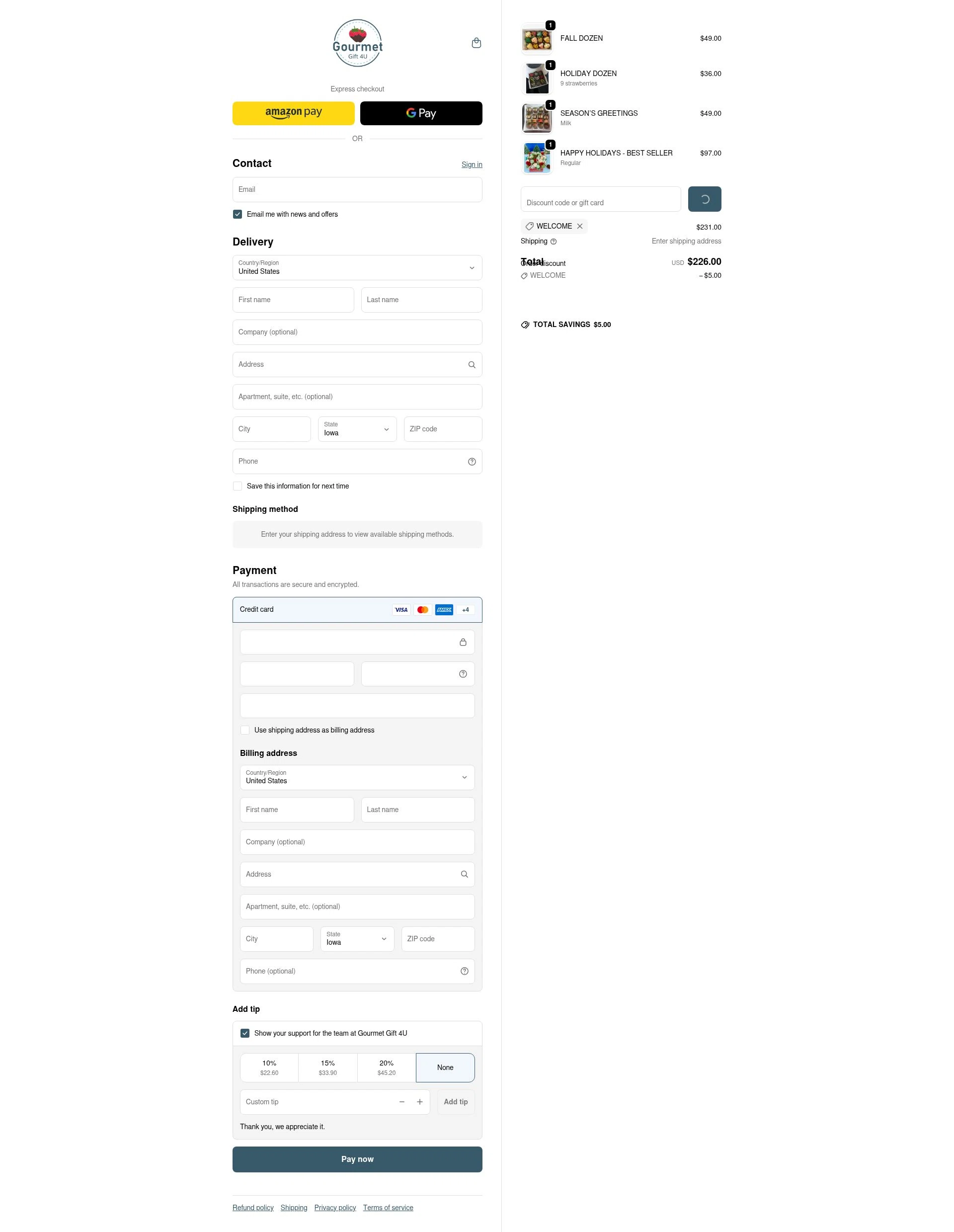 Gourmet Gift 4U checkout page showing Gourmet Gift 4U promo code box | Screenshot taken by SimplyCodes community member on Jan 2, 2026