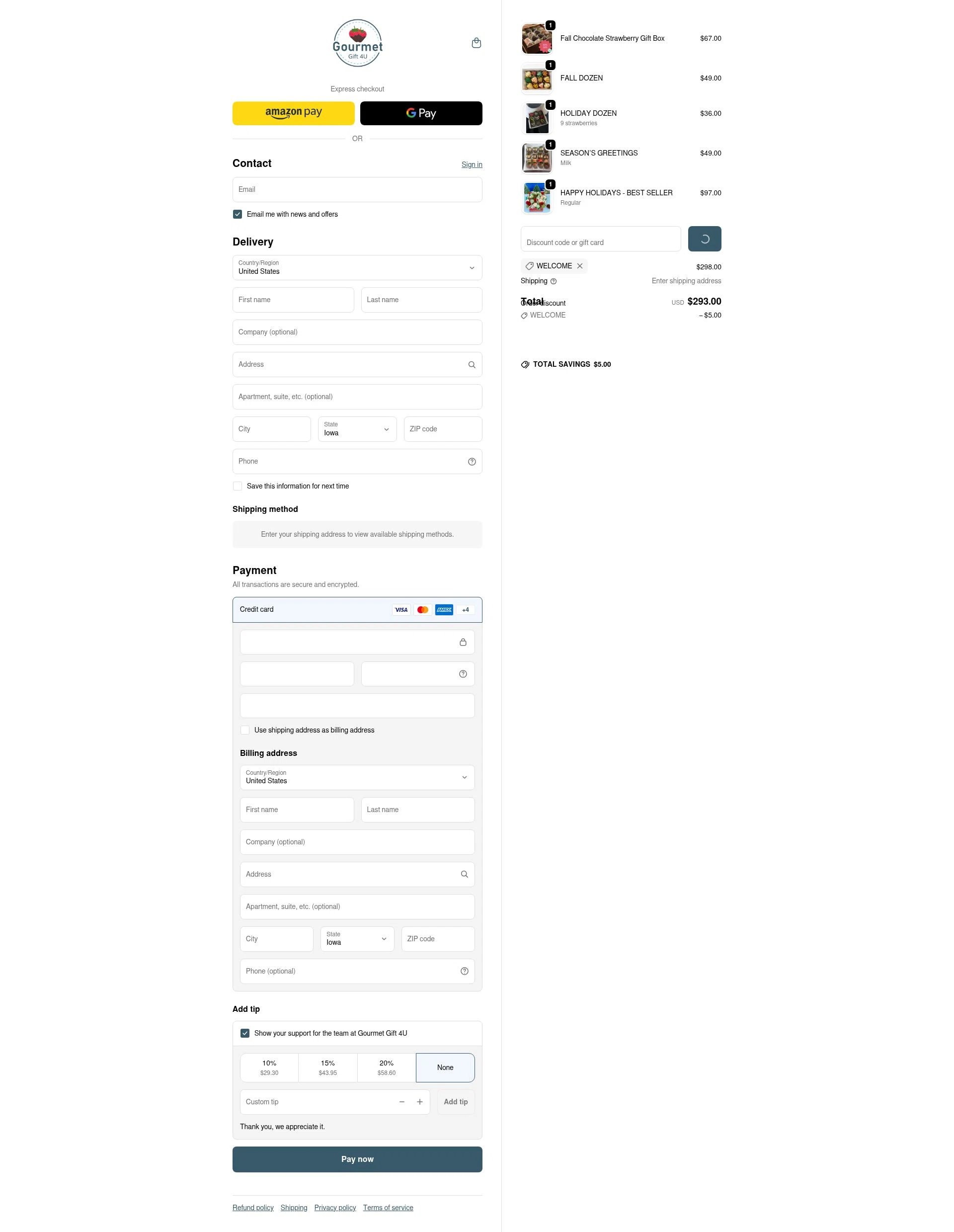 Gourmet Gift 4U checkout page showing Gourmet Gift 4U promo code box | Screenshot taken by SimplyCodes community member on Dec 28, 2025