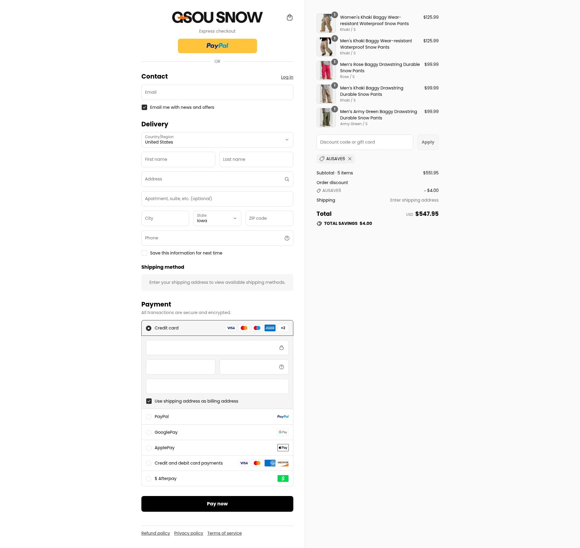 Gou Snow checkout page showing Gou Snow promo code box | Screenshot taken by SimplyCodes community member on Sep 7, 2025