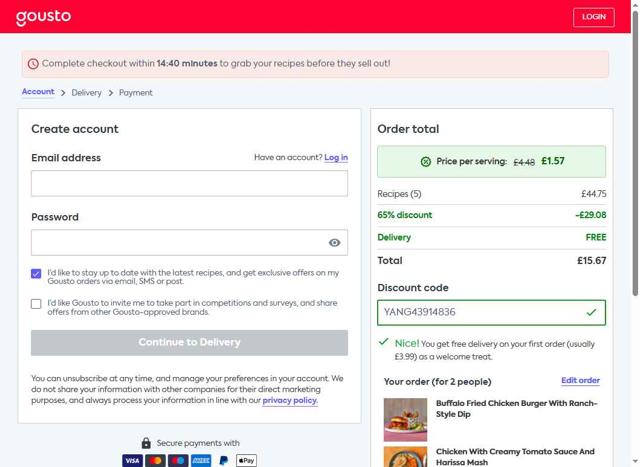 Gousto checkout page showing Gousto promo code box | Screenshot taken by SimplyCodes community member on Aug 18, 2025