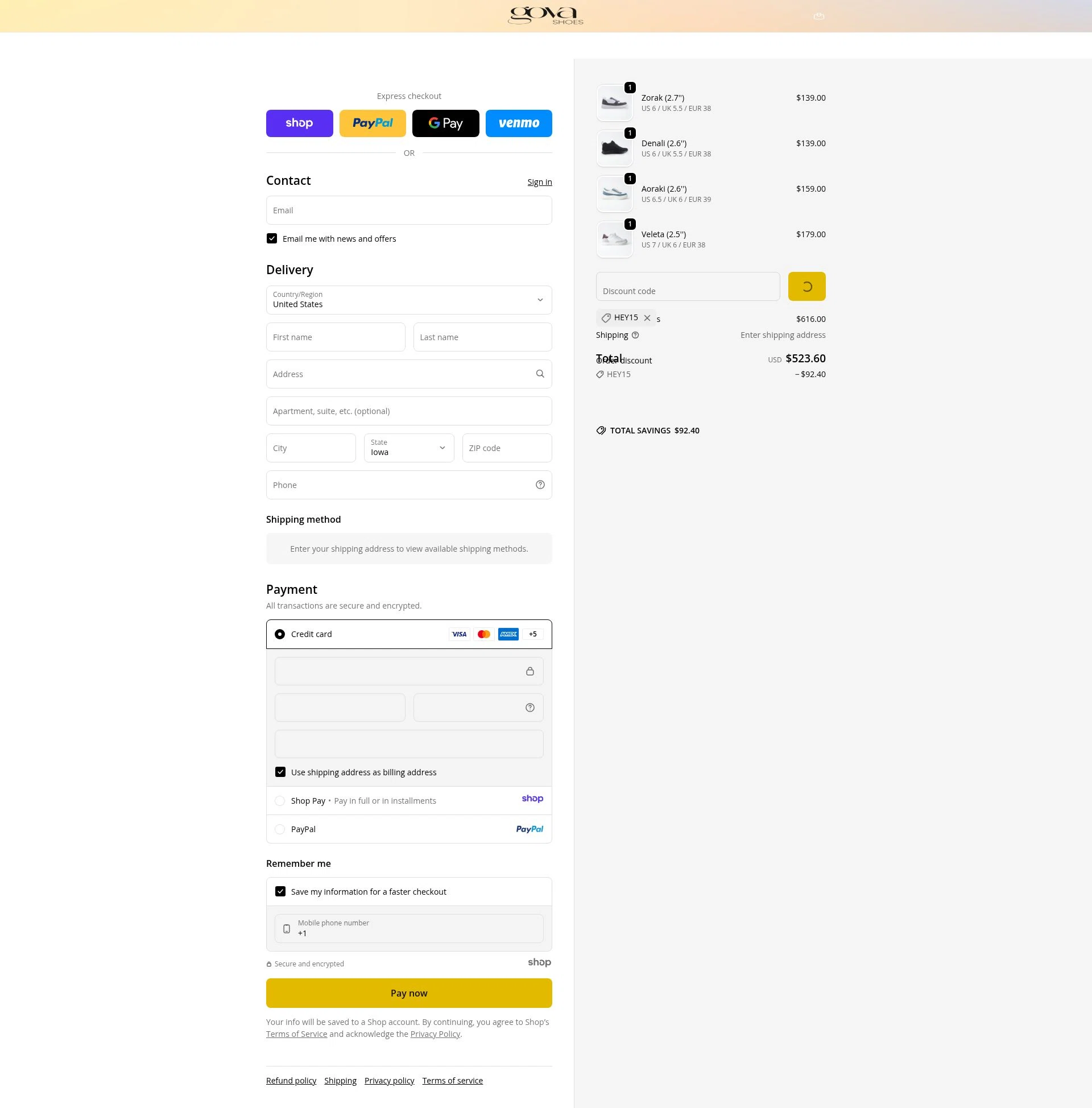 Gova Shoes checkout page showing Gova Shoes promo code box | Screenshot taken by SimplyCodes community member on Jan 2, 2026