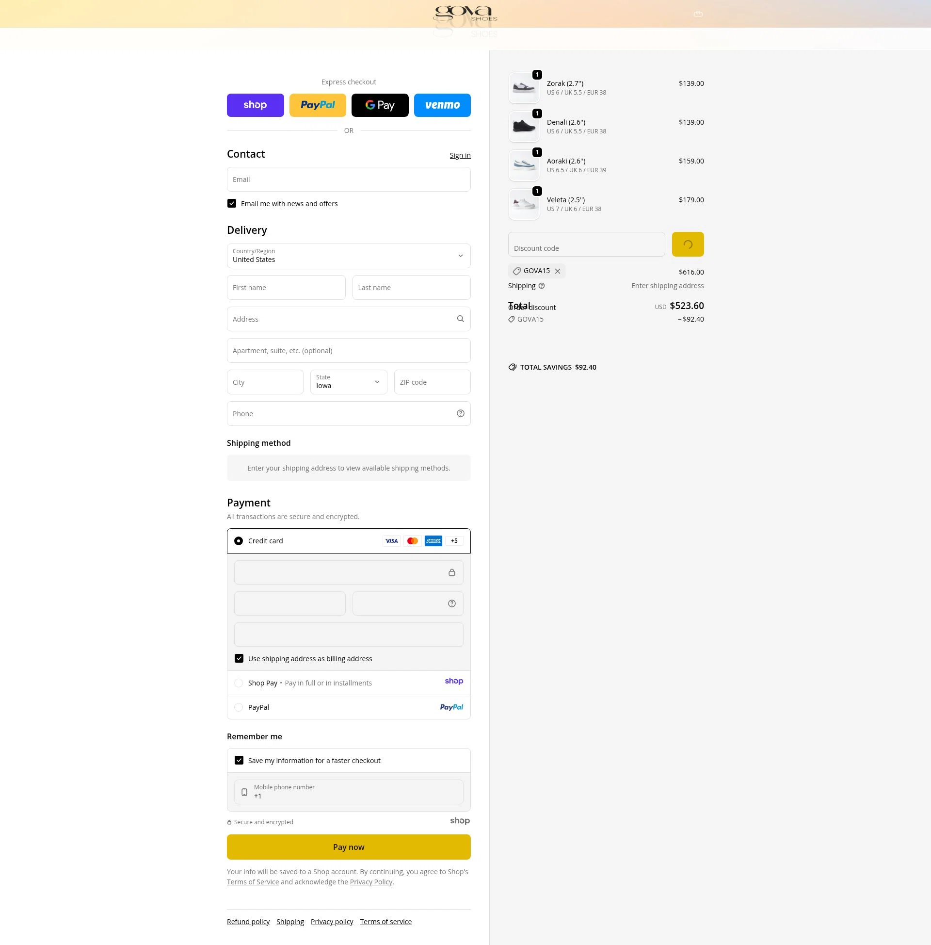 Gova Shoes checkout page showing Gova Shoes promo code box | Screenshot taken by SimplyCodes community member on Dec 28, 2025