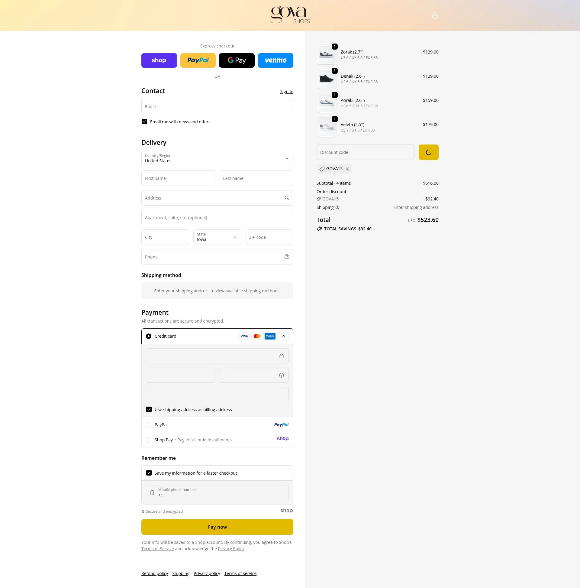 Gova Shoes checkout page showing Gova Shoes promo code box | Screenshot taken by SimplyCodes community member on Dec 16, 2025