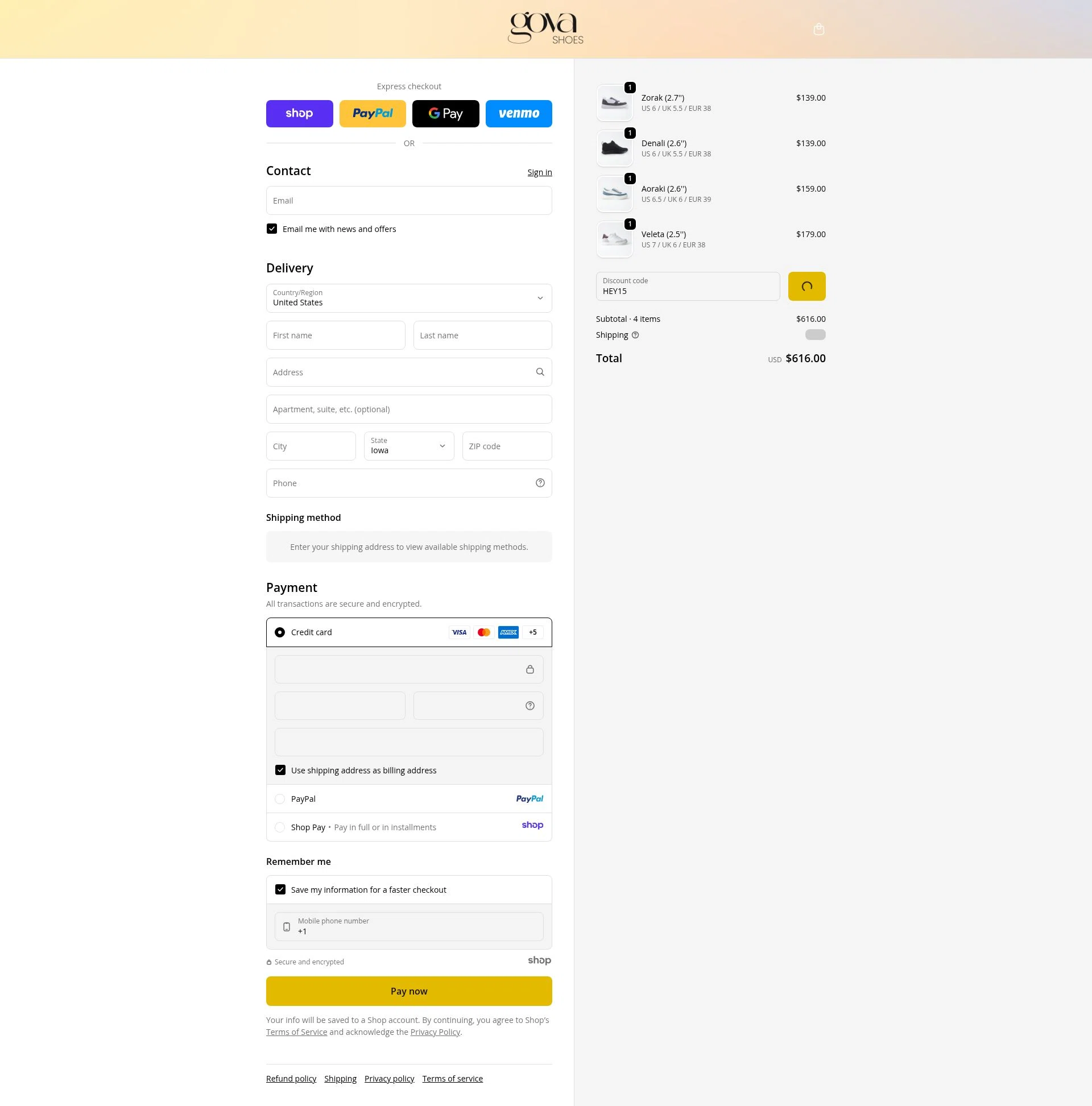 Gova Shoes checkout page showing Gova Shoes promo code box | Screenshot taken by SimplyCodes community member on Dec 16, 2025